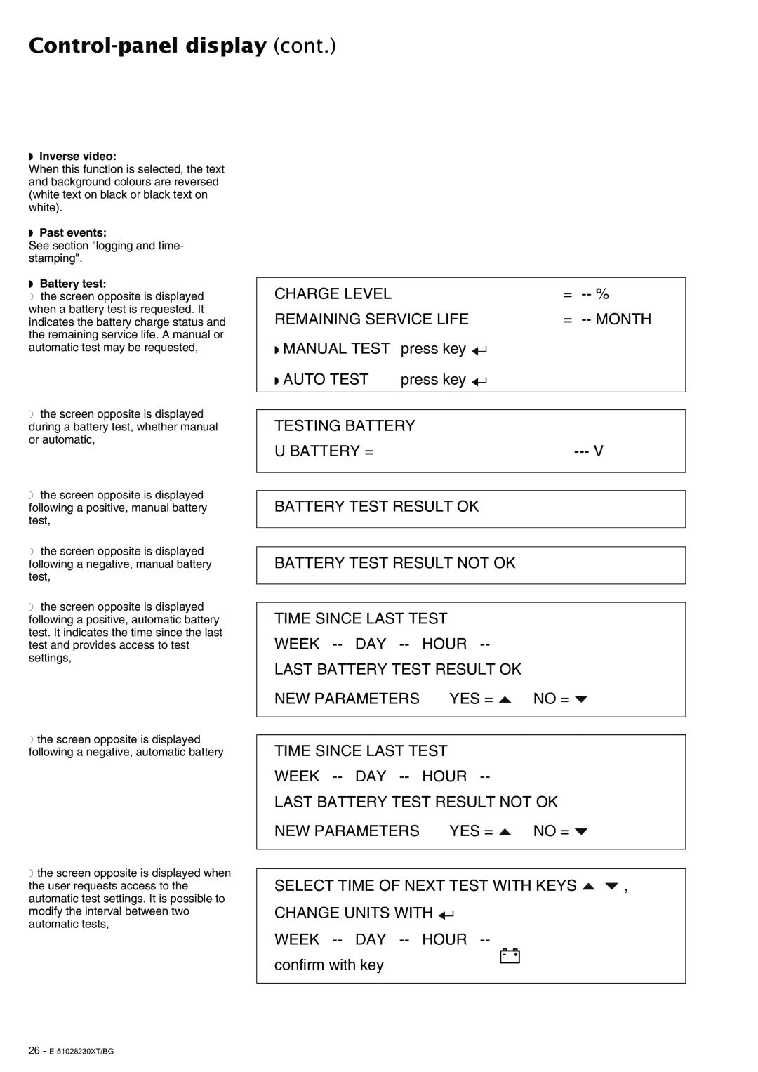 APC 20 - 200 KVA user manual Inverse video, Past events, Battery test 