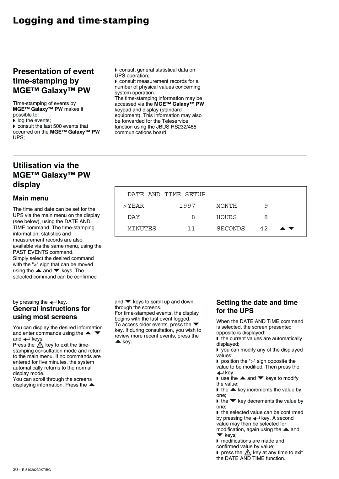 APC 20 - 200 KVA user manual Logging and time-stamping, Utilisation via the MGE Galaxy PW display, Main menu 