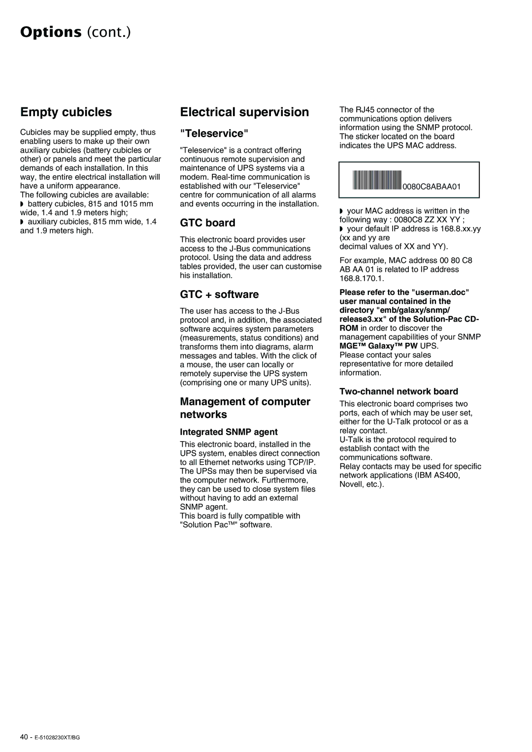 APC 20 - 200 KVA user manual Empty cubicles, Electrical supervision 