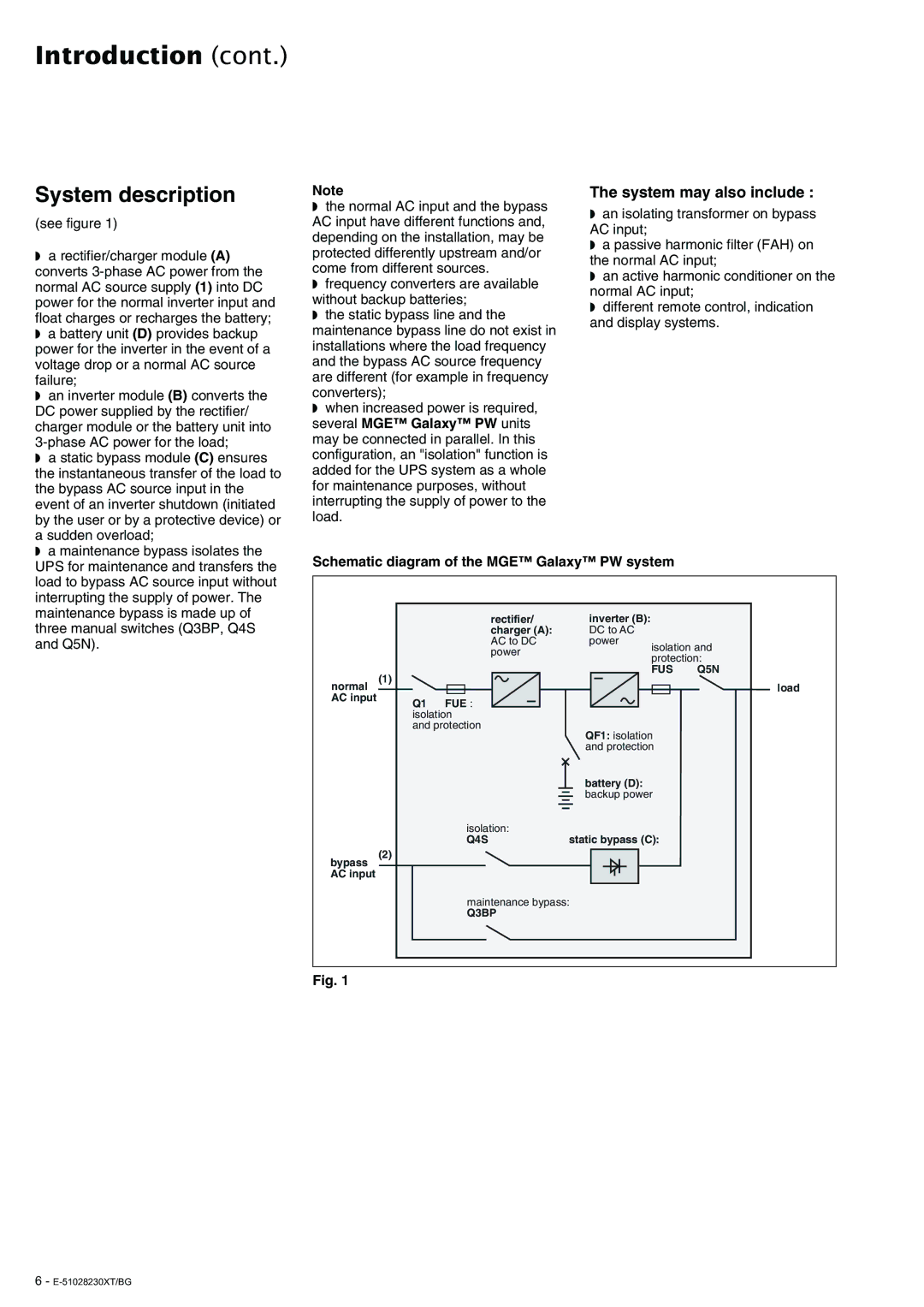 APC 20 - 200 KVA user manual System description, System may also include, Schematic diagram of the MGE Galaxy PW system 