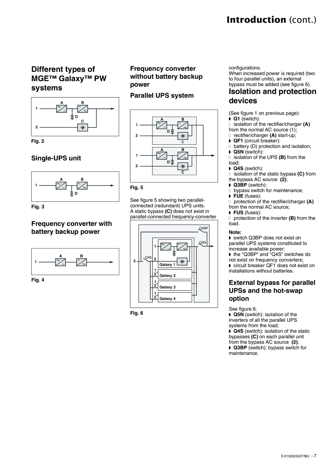 APC 20 - 200 KVA user manual Different types of MGE Galaxy PW systems, Isolation and protection devices 