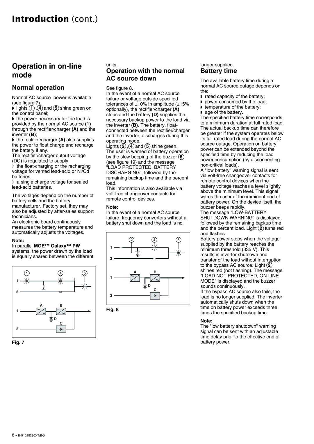 APC 20 - 200 KVA Operation in on-line, Mode, Operation with the normal, AC source down Normal operation, Battery time 