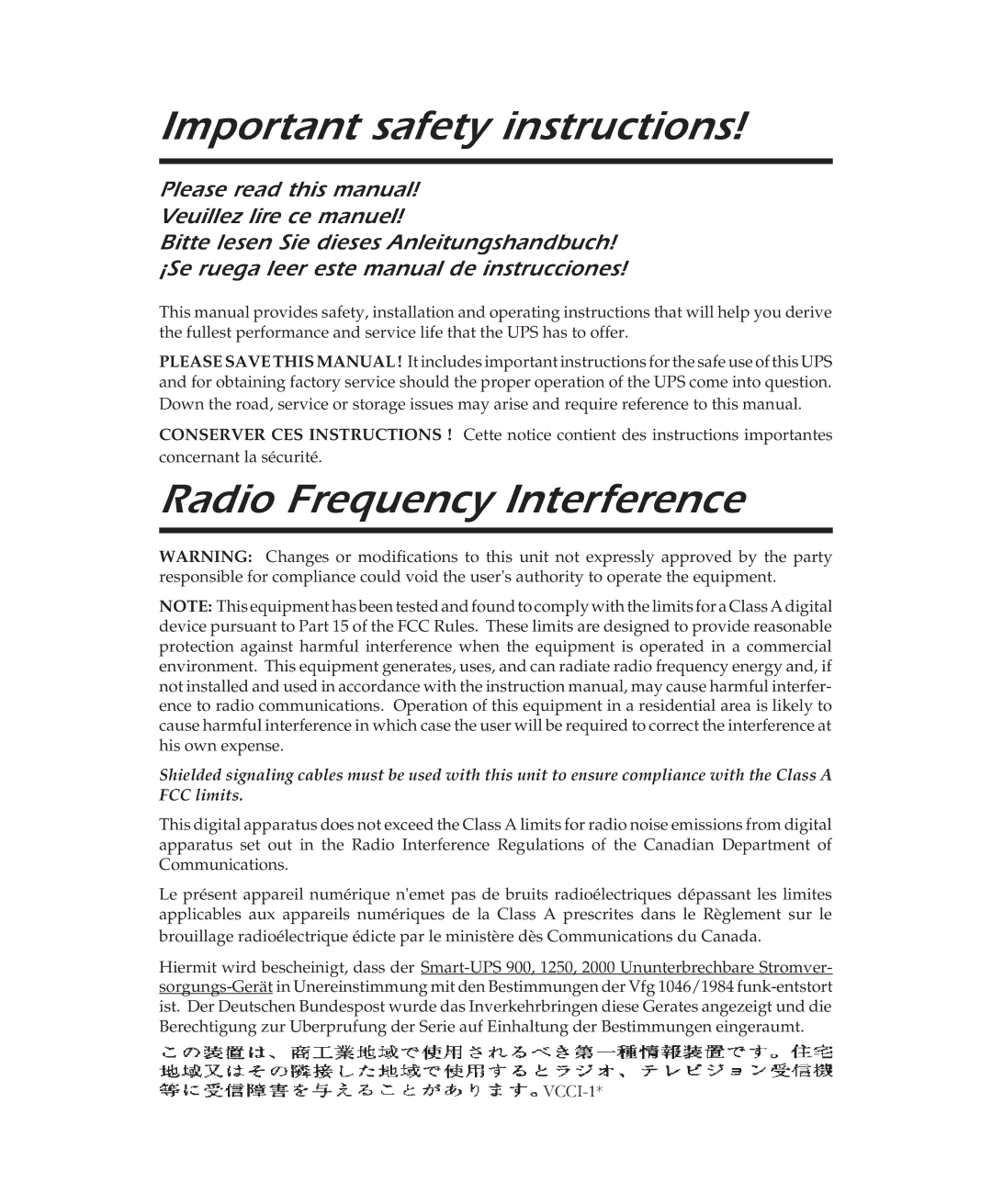 APC 1250, 2000, 900 user manual Important safety instructions, Radio Frequency Interference 