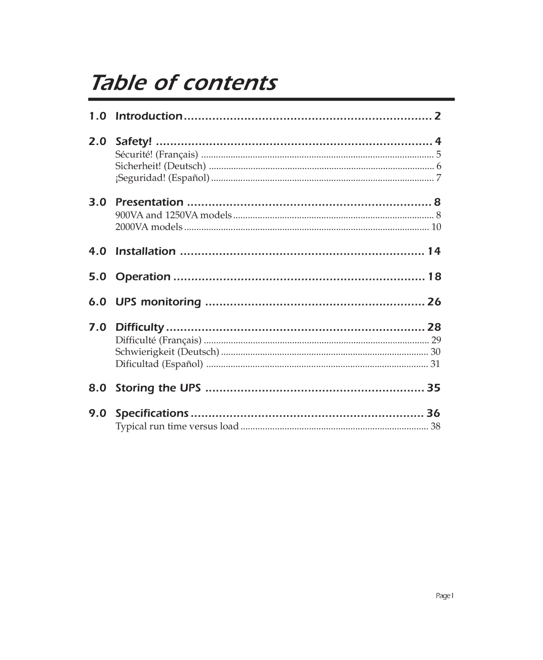 APC 2000, 900, 1250 user manual Table of contents 