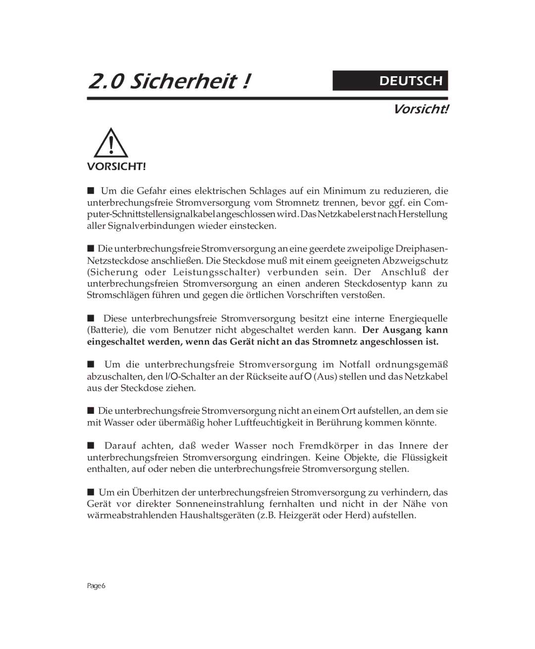 APC 1250, 2000, 900 user manual Sicherheit, Deutsch 