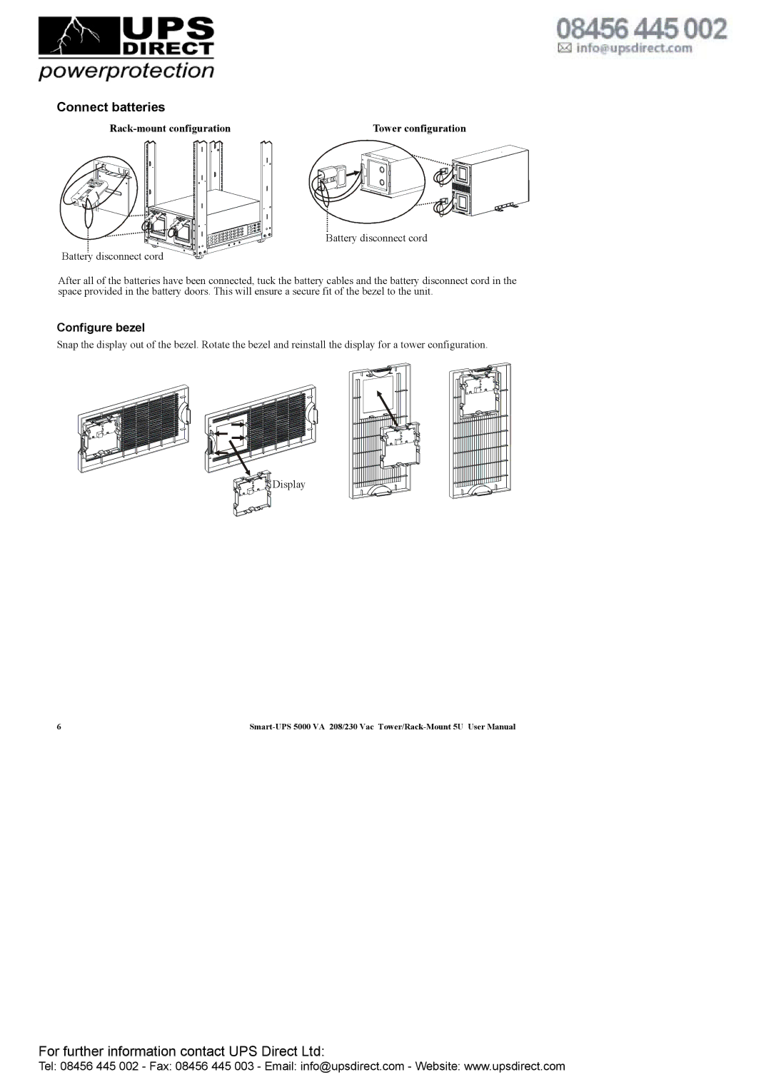 APC 208 Vac user manual Connect batteries, Configure bezel, Rack-mount configuration Tower configuration 