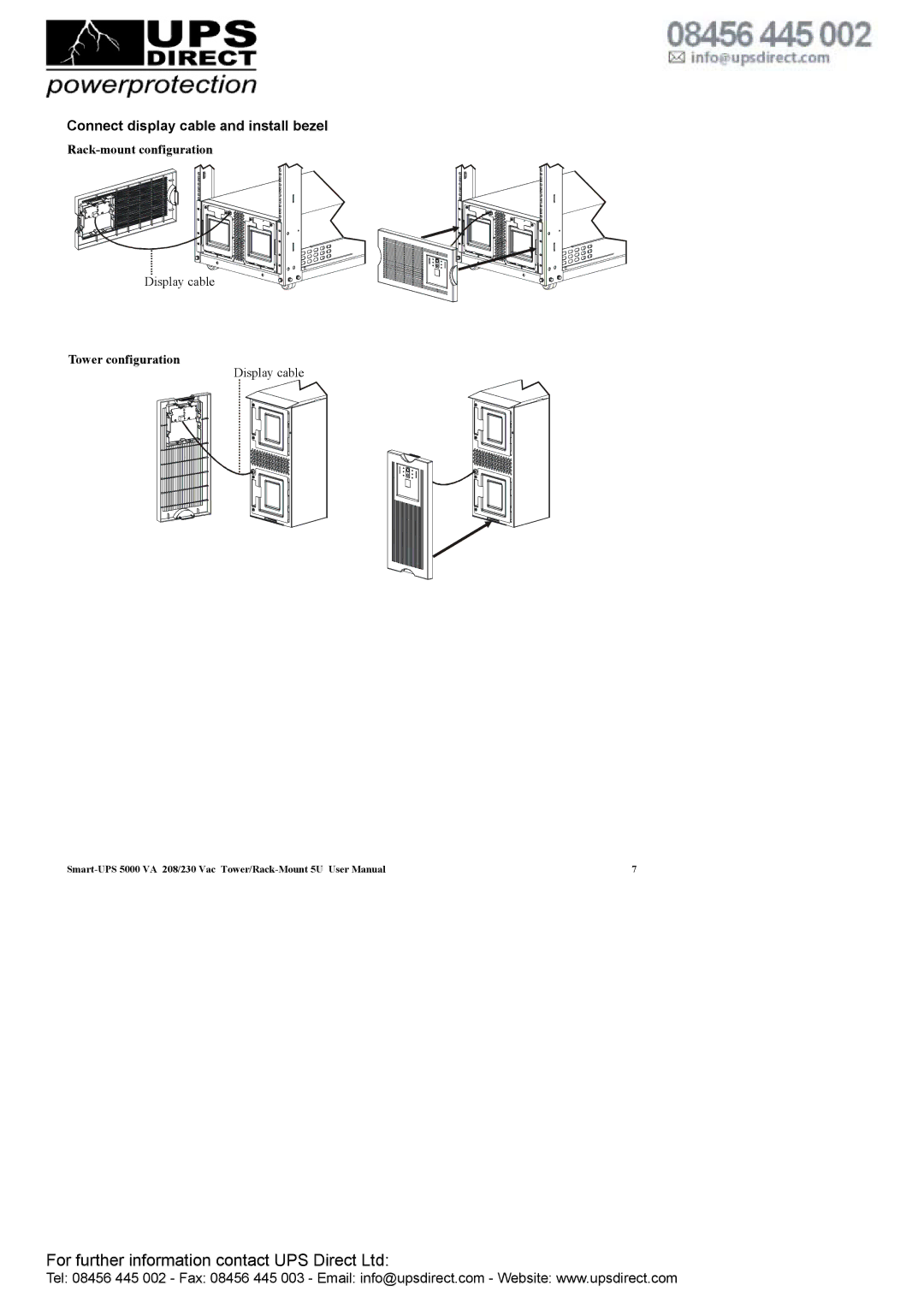 APC 208 Vac user manual Connect display cable and install bezel, Rack-mount configuration 