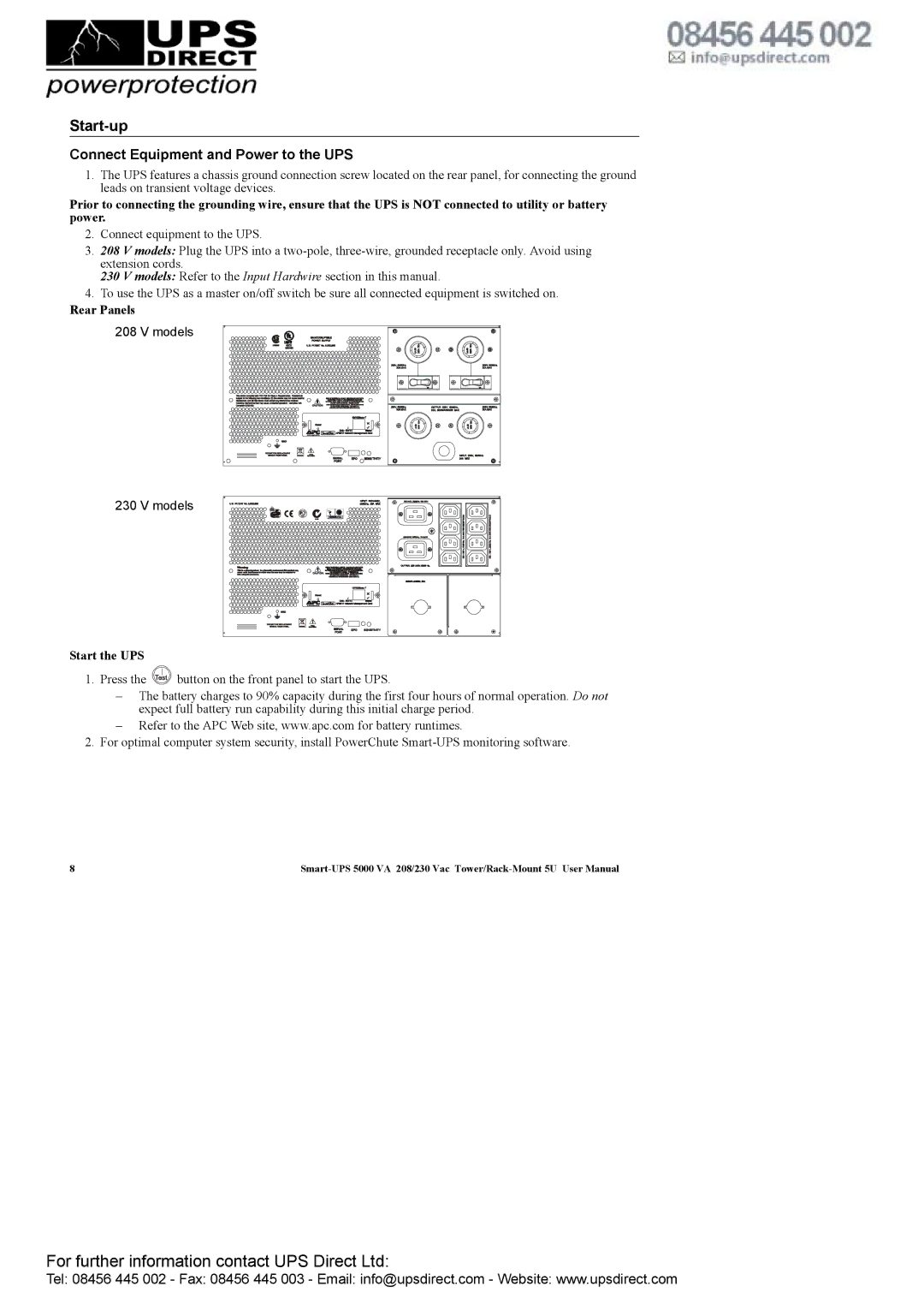 APC 208 Vac user manual Connect Equipment and Power to the UPS, Rear Panels, Start the UPS 