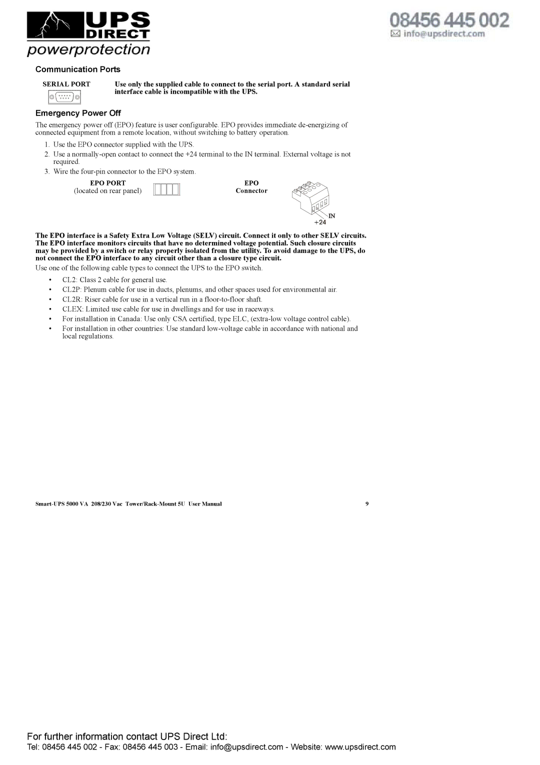 APC 208 Vac user manual Communication Ports, Emergency Power Off 