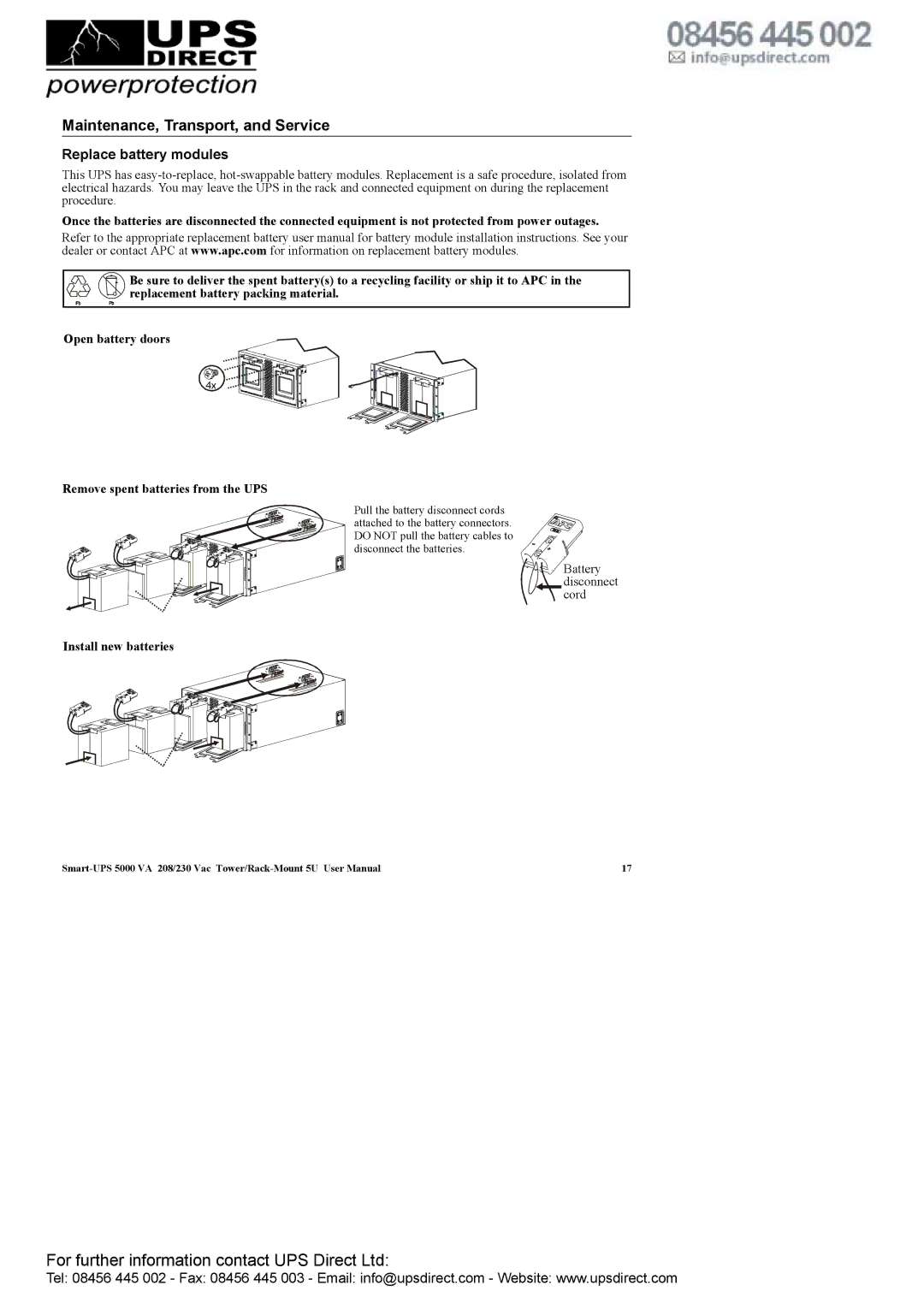 APC 208 Vac user manual Maintenance, Transport, and Service, Replace battery modules, Install new batteries 