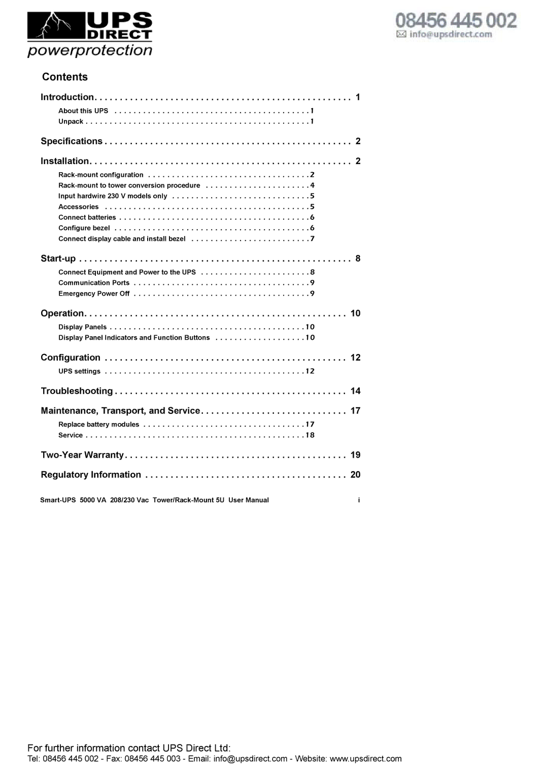 APC 208 Vac user manual Contents 