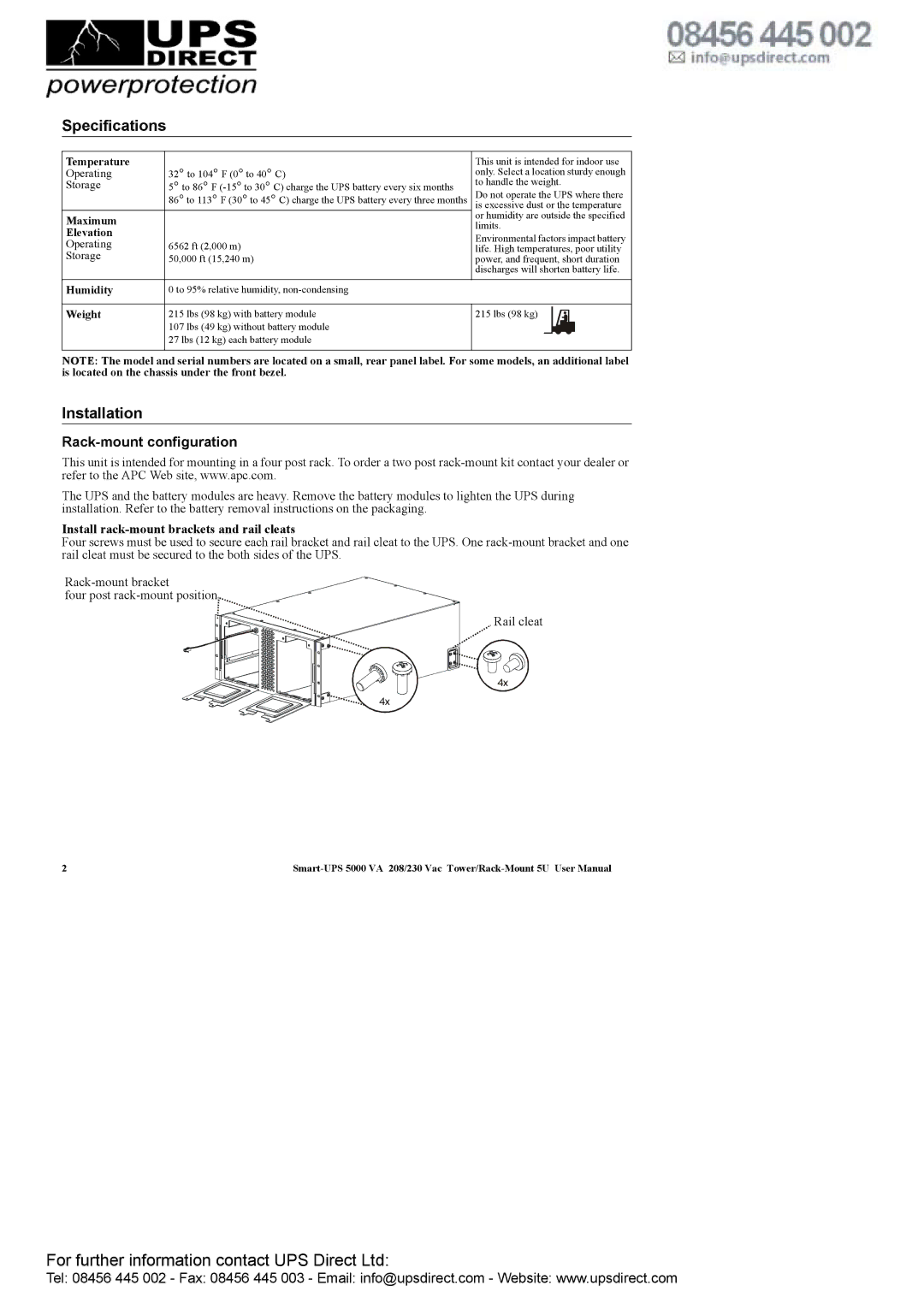 APC 208 Vac user manual Specifications, Installation, Rack-mount configuration, Install rack-mount brackets and rail cleats 