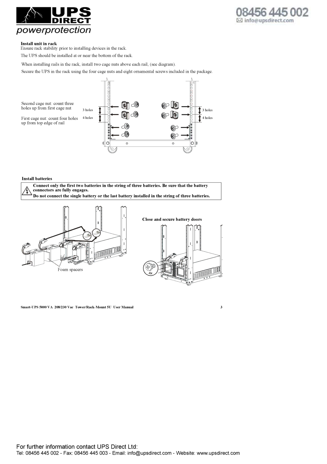 APC 208 Vac user manual Install unit in rack 