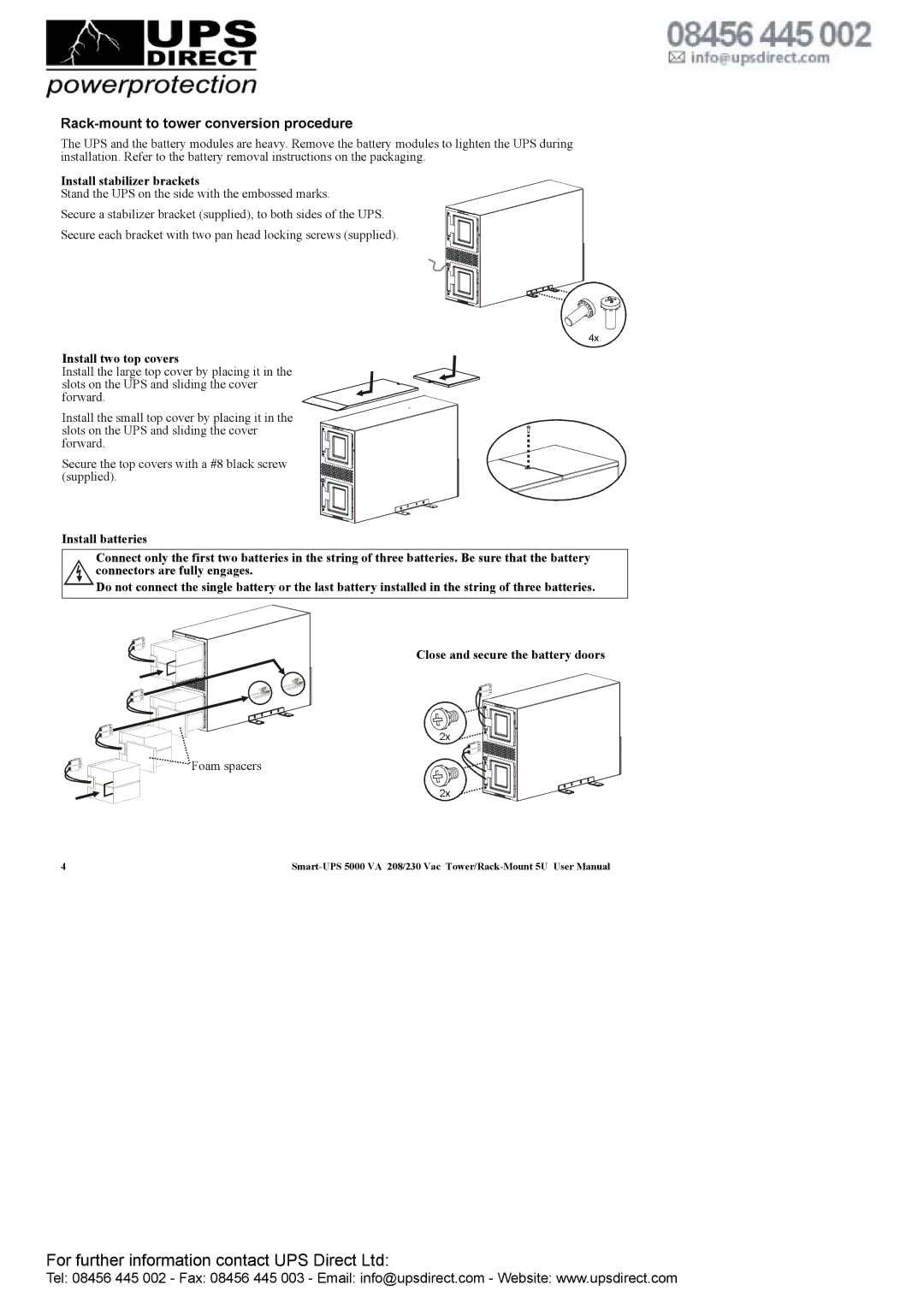 APC 208 Vac user manual Rack-mount to tower conversion procedure, Install stabilizer brackets, Install two top covers 