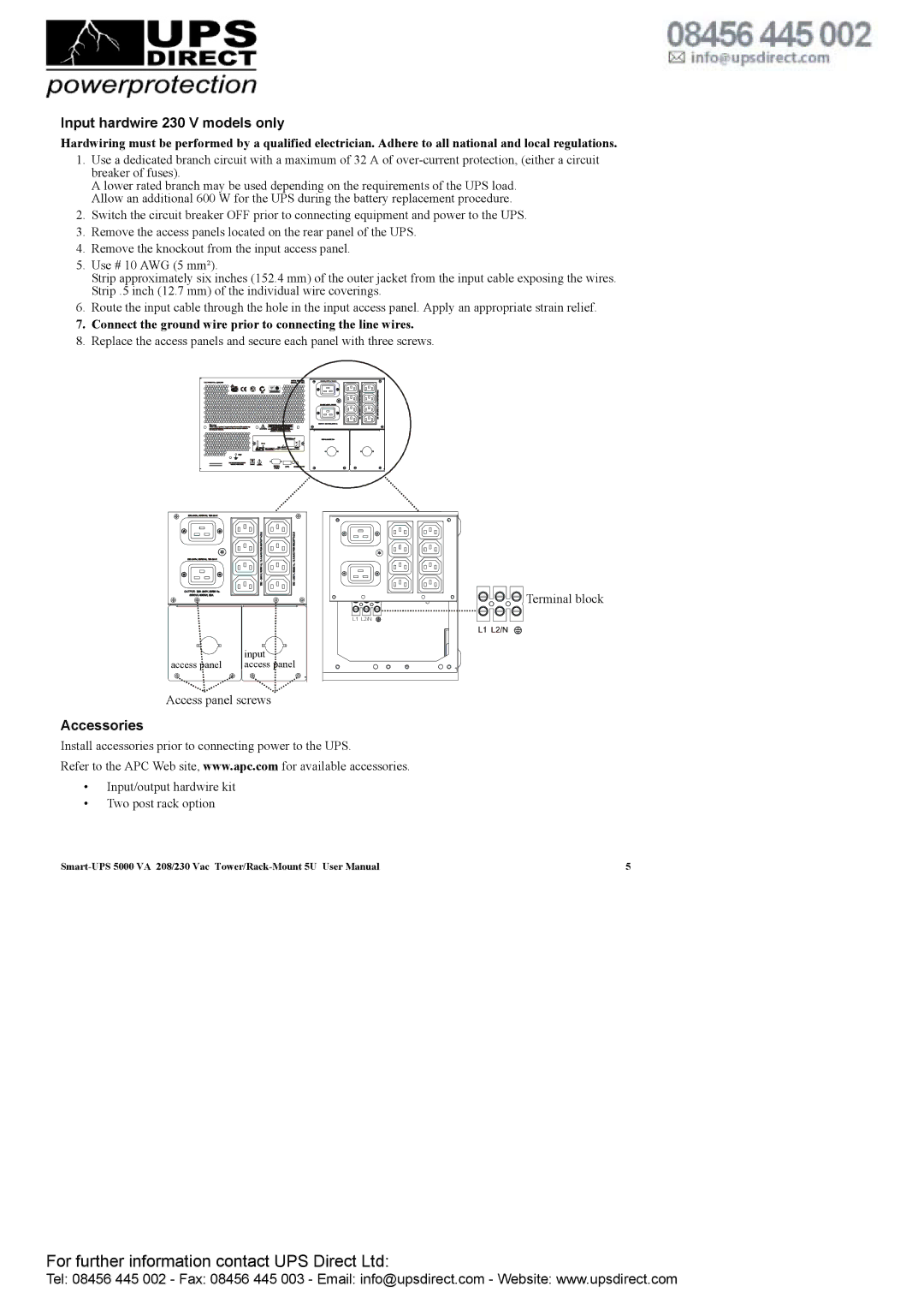 APC 208 Vac Input hardwire 230 V models only, Accessories, Connect the ground wire prior to connecting the line wires 