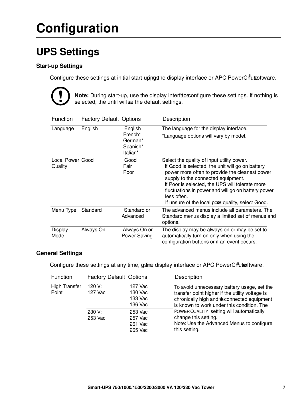 APC 3000, 2200, 1500 operation manual Configuration, UPS Settings, Start-up Settings, General Settings 