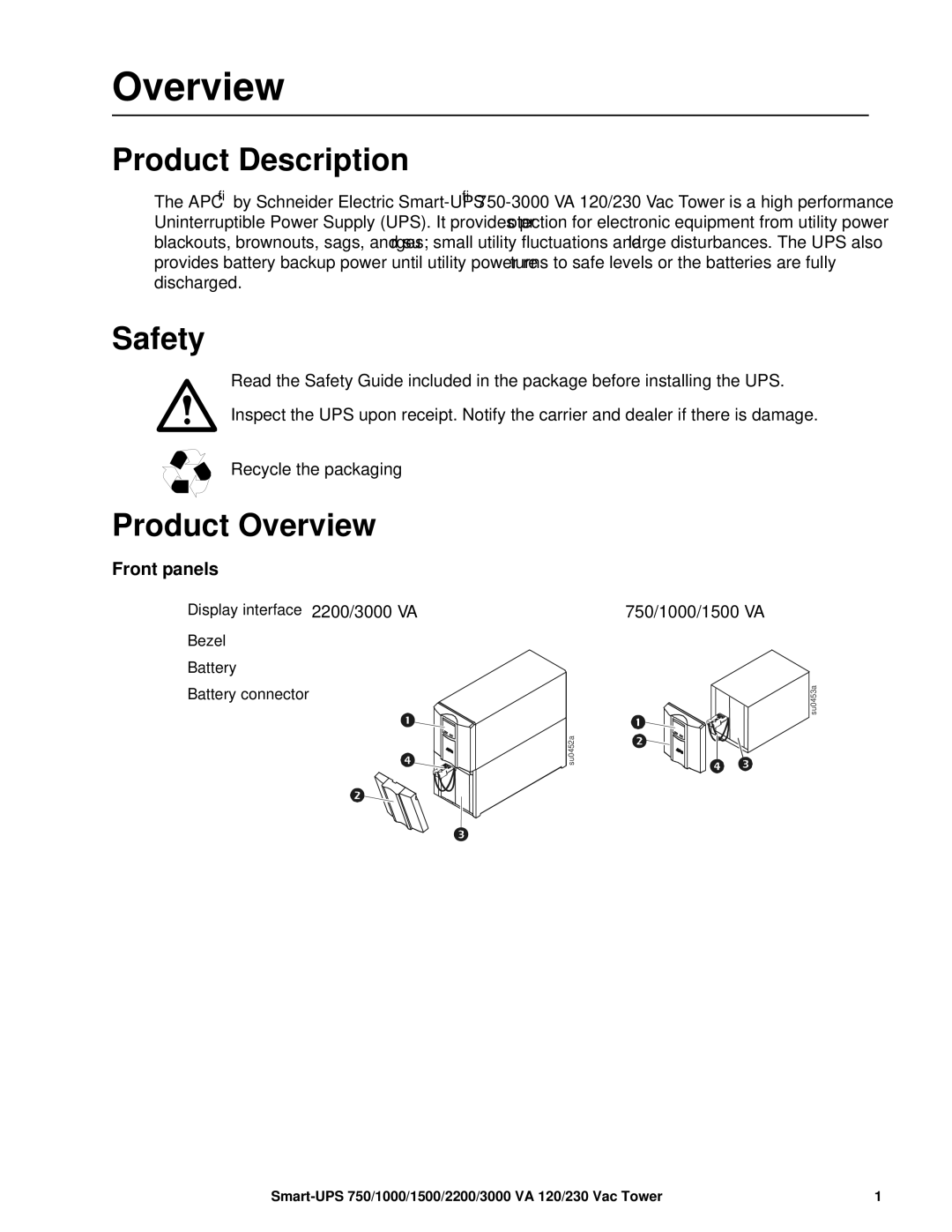 APC 3000, 2200, 1500 operation manual Product Description, Safety, Product Overview, Front panels 