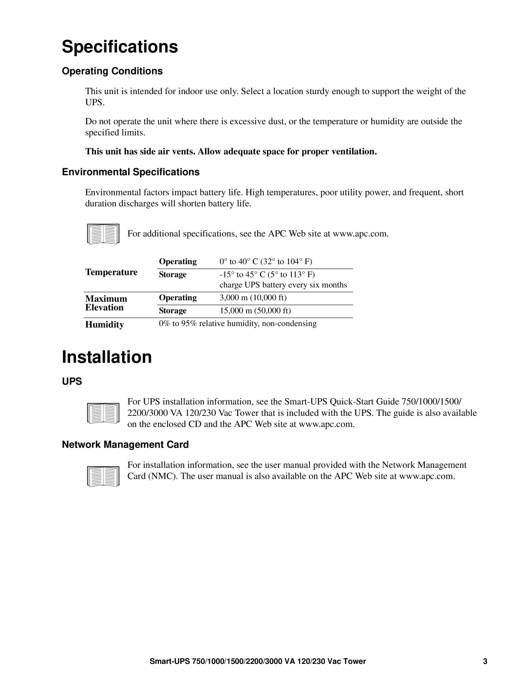 APC 2200, 3000, 1500 Installation, Operating Conditions, Environmental Specifications, Network Management Card 