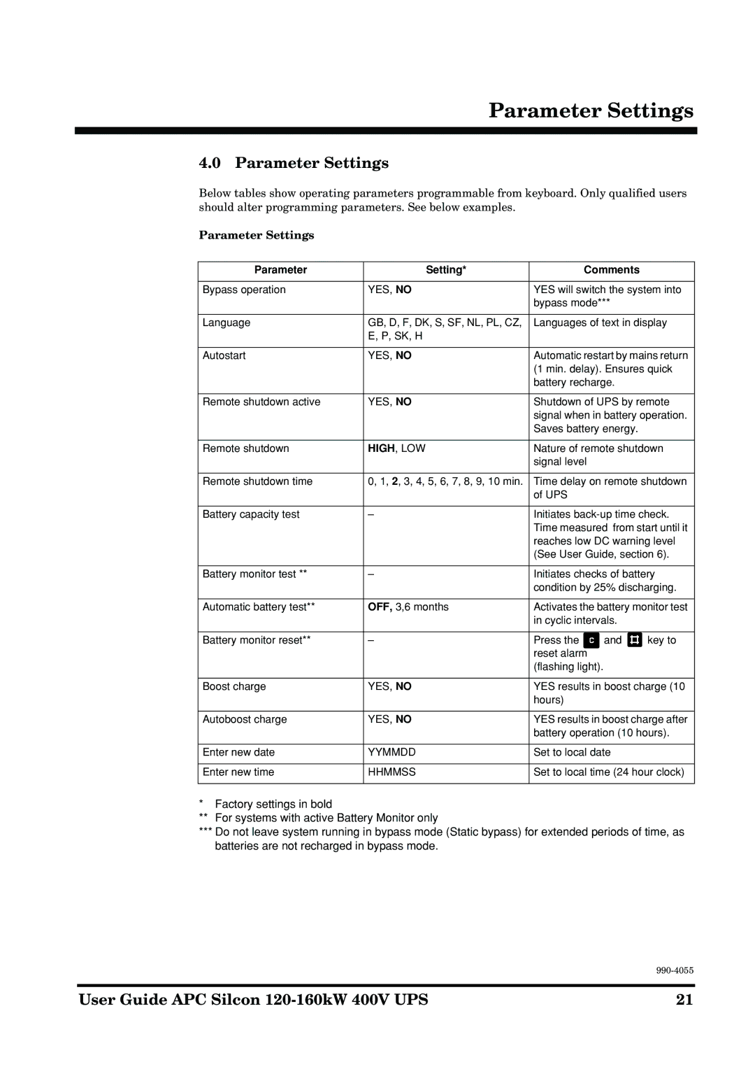 APC 2AP9604S manual Parameter Settings 