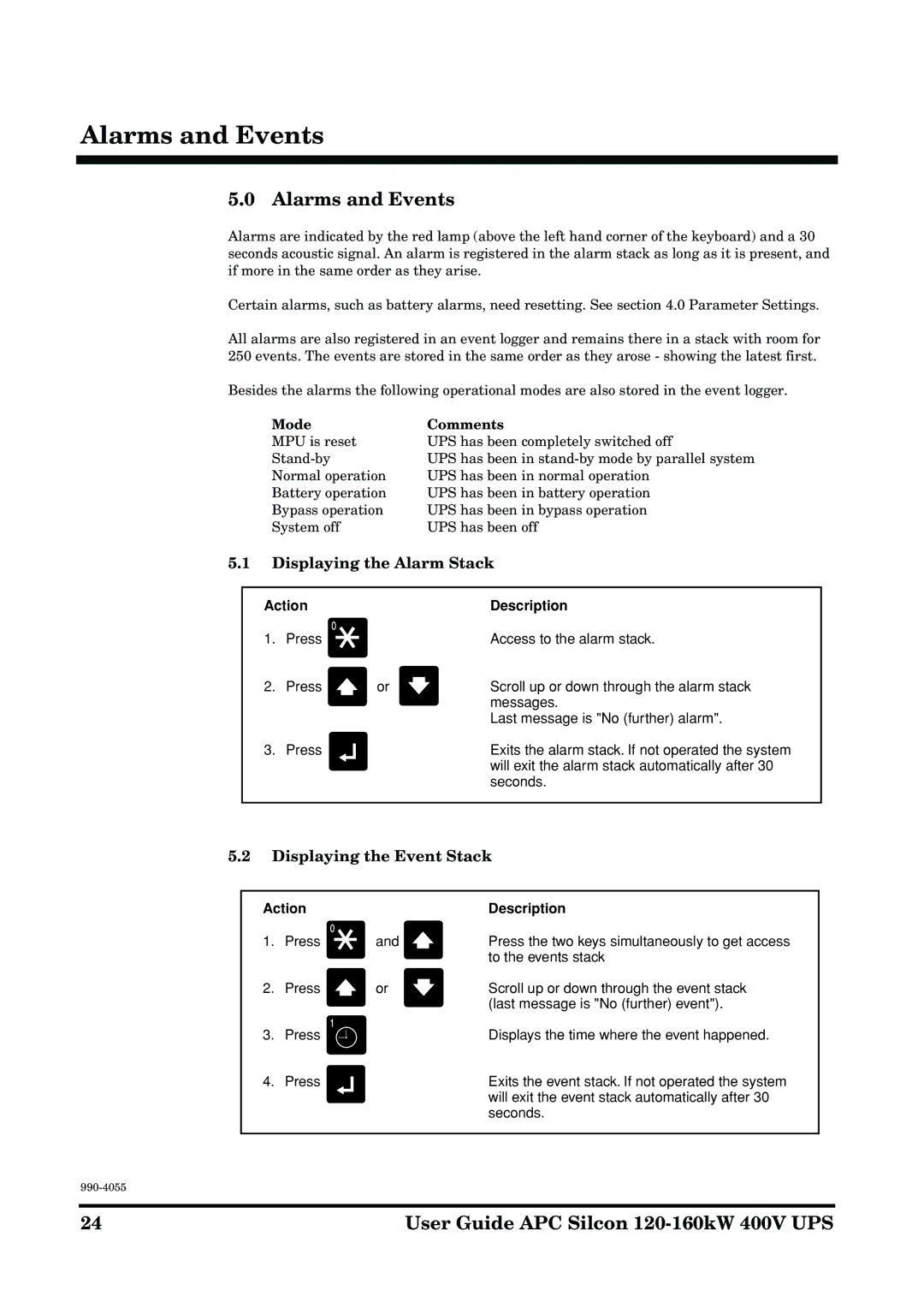 APC 2AP9604S manual Alarms and Events, Displaying the Alarm Stack, Displaying the Event Stack, Mode Comments 