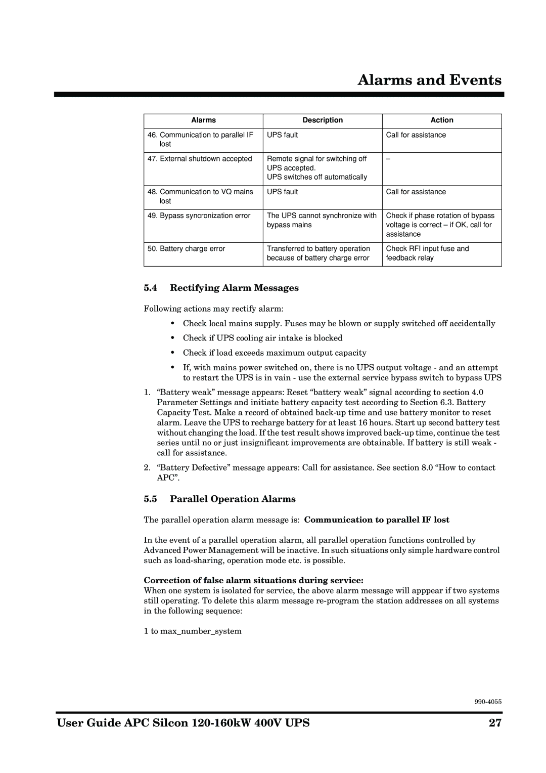 APC 2AP9604S Rectifying Alarm Messages, Parallel Operation Alarms, Correction of false alarm situations during service 