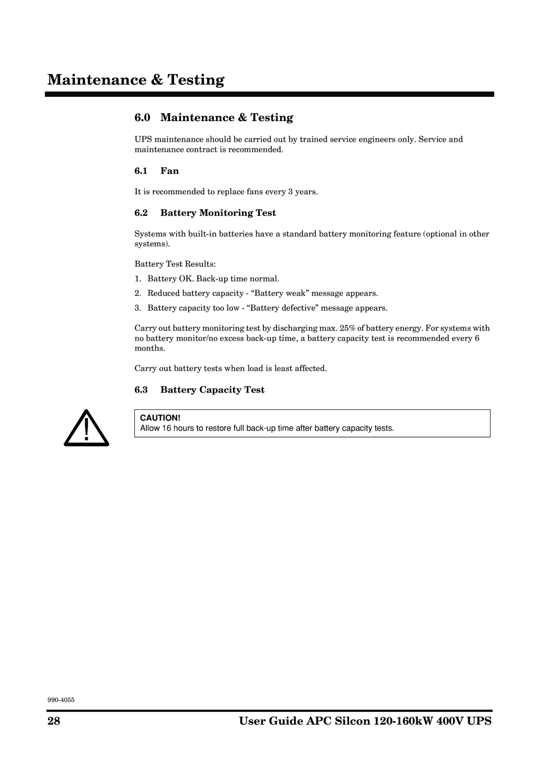 APC 2AP9604S manual Maintenance & Testing, Fan, Battery Monitoring Test, Battery Capacity Test 