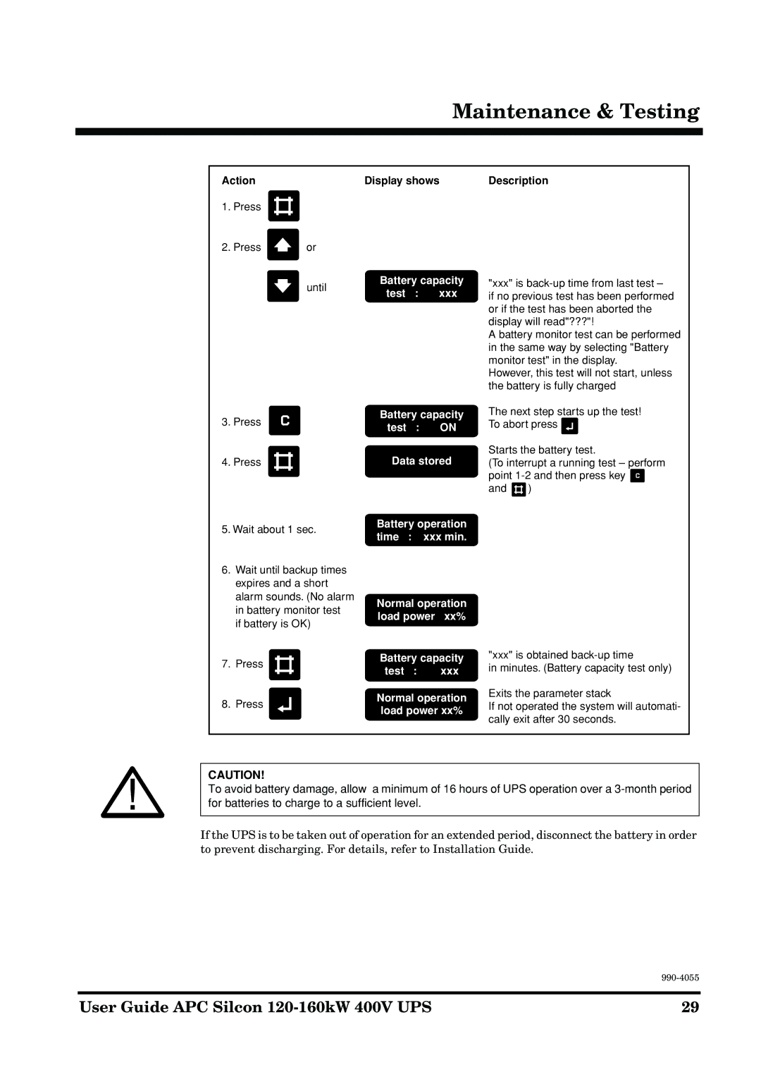 APC 2AP9604S manual Until Battery capacity Test Xxx Press Data stored 