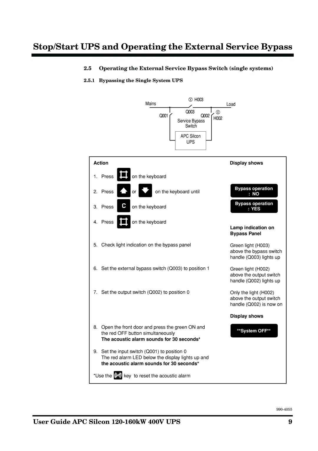 APC 2AP9604S manual Operating the External Service Bypass Switch single systems, Bypassing the Single System UPS 