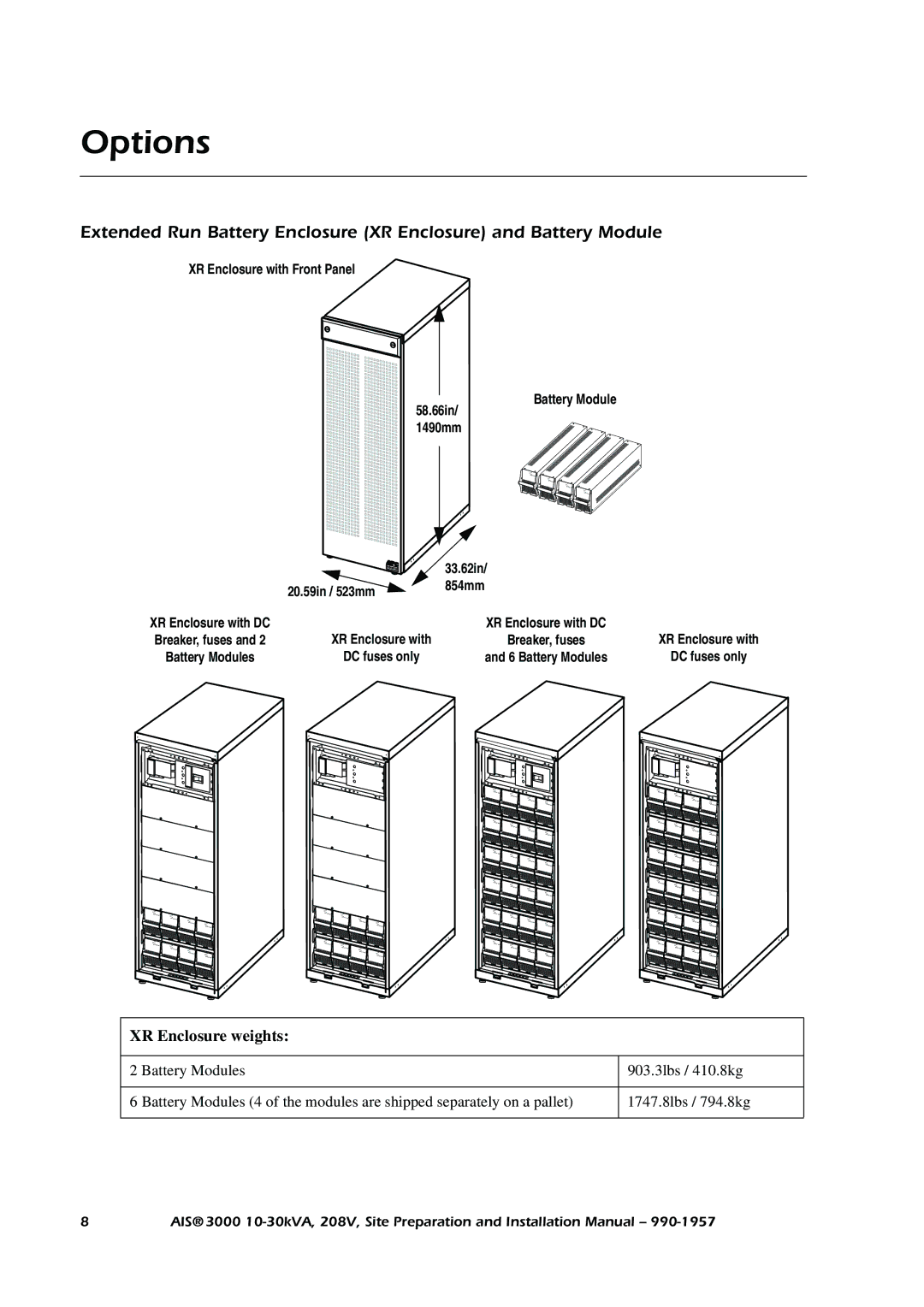 APC 3000 installation manual Options, XR Enclosure weights 