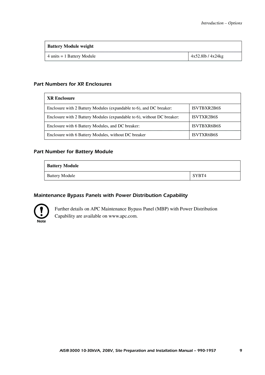 APC 3000 installation manual Part Numbers for XR Enclosures, Part Number for Battery Module, Battery Module weight 