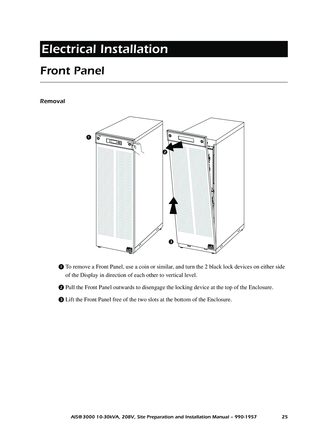 APC 3000 installation manual Front Panel, Removal 