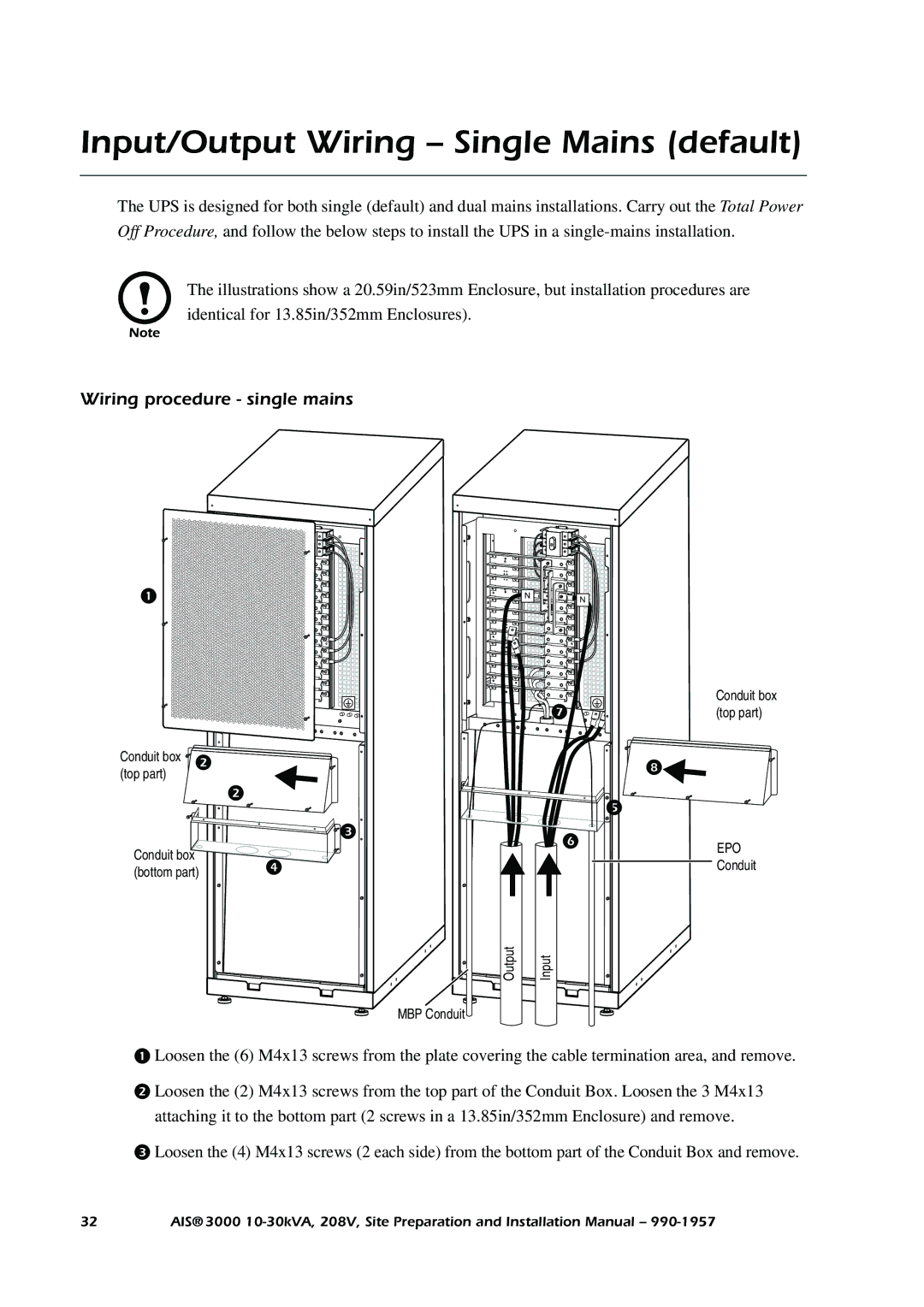 APC 3000 installation manual Input/Output Wiring Single Mains default, Wiring procedure single mains 