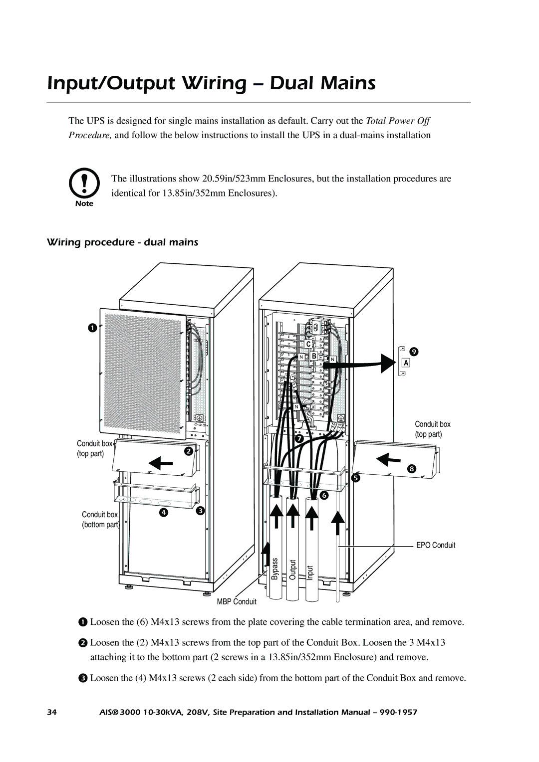 APC 3000 installation manual Input/Output Wiring Dual Mains, Wiring procedure dual mains 