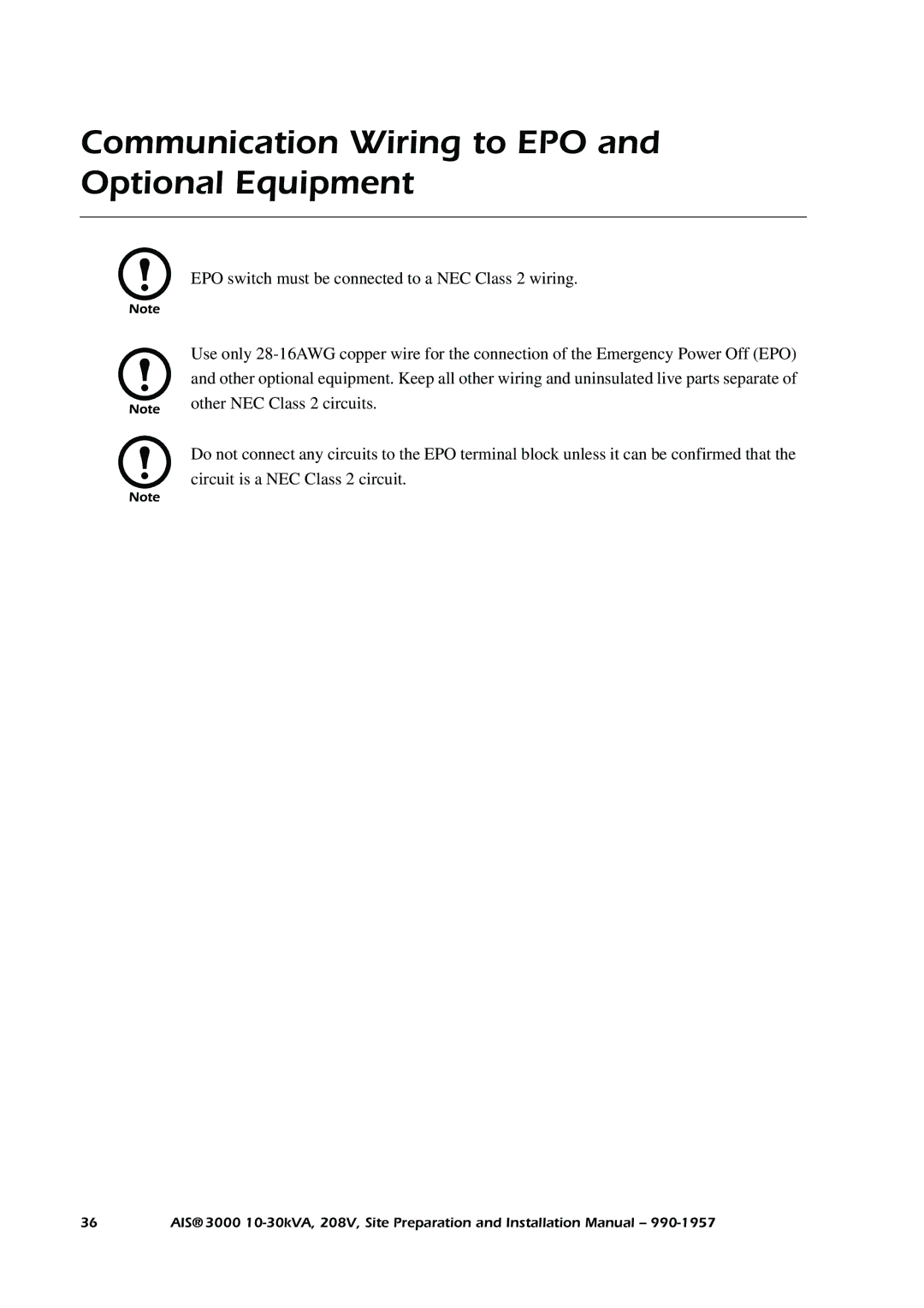 APC 3000 installation manual Communication Wiring to EPO and Optional Equipment 