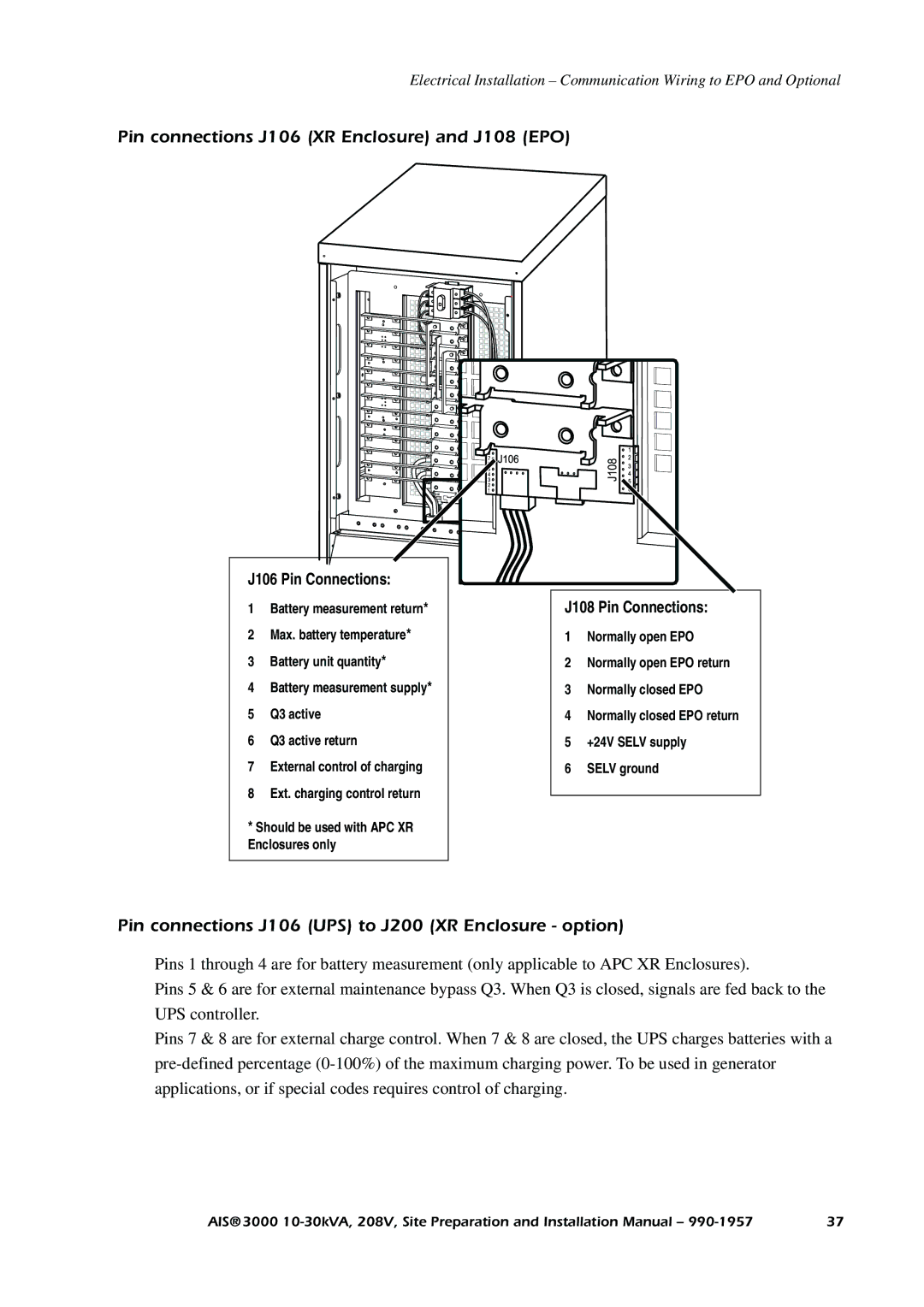 APC 3000 Pin connections J106 XR Enclosure and J108 EPO, Pin connections J106 UPS to J200 XR Enclosure option 