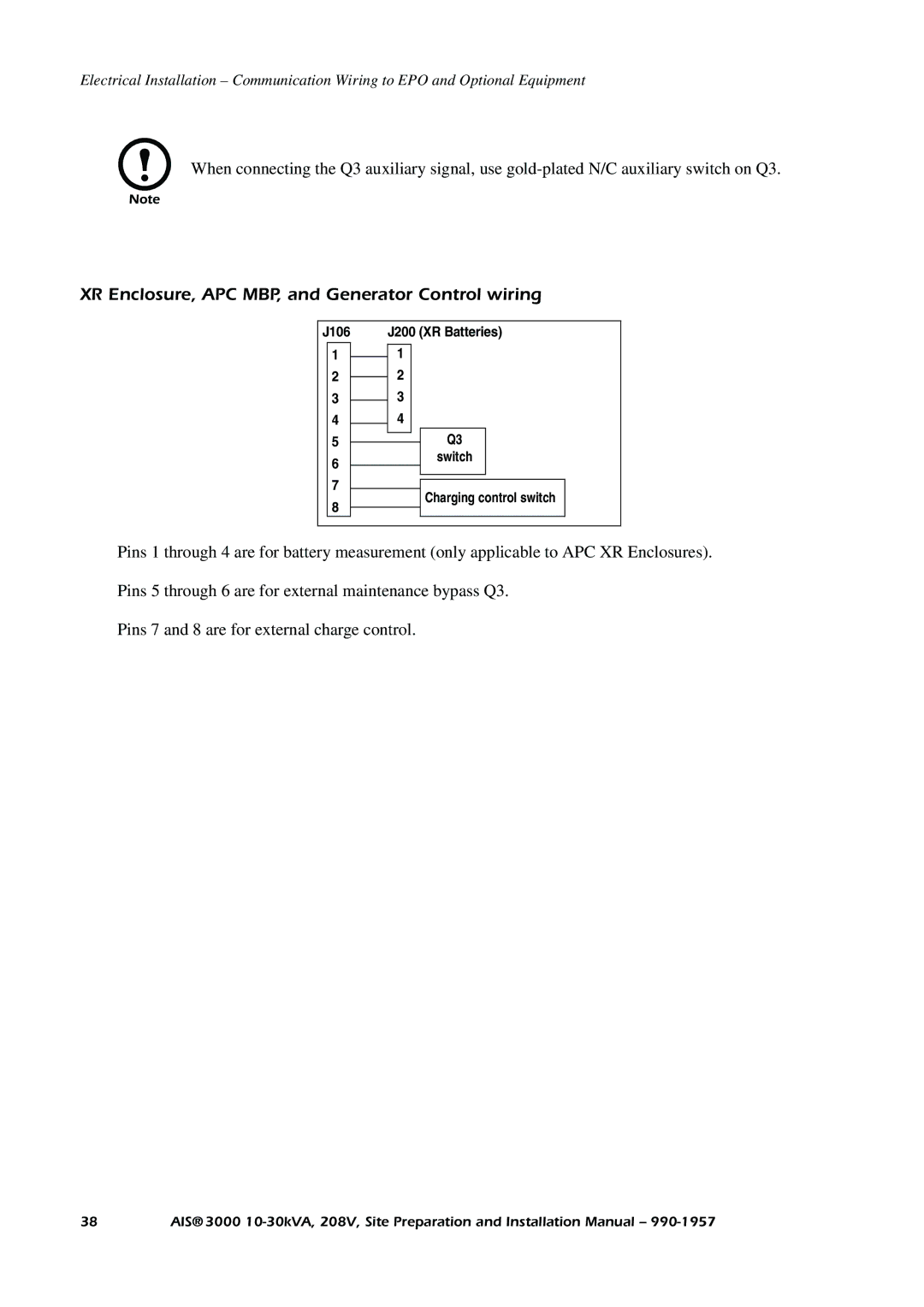 APC 3000 installation manual XR Enclosure, APC MBP, and Generator Control wiring 