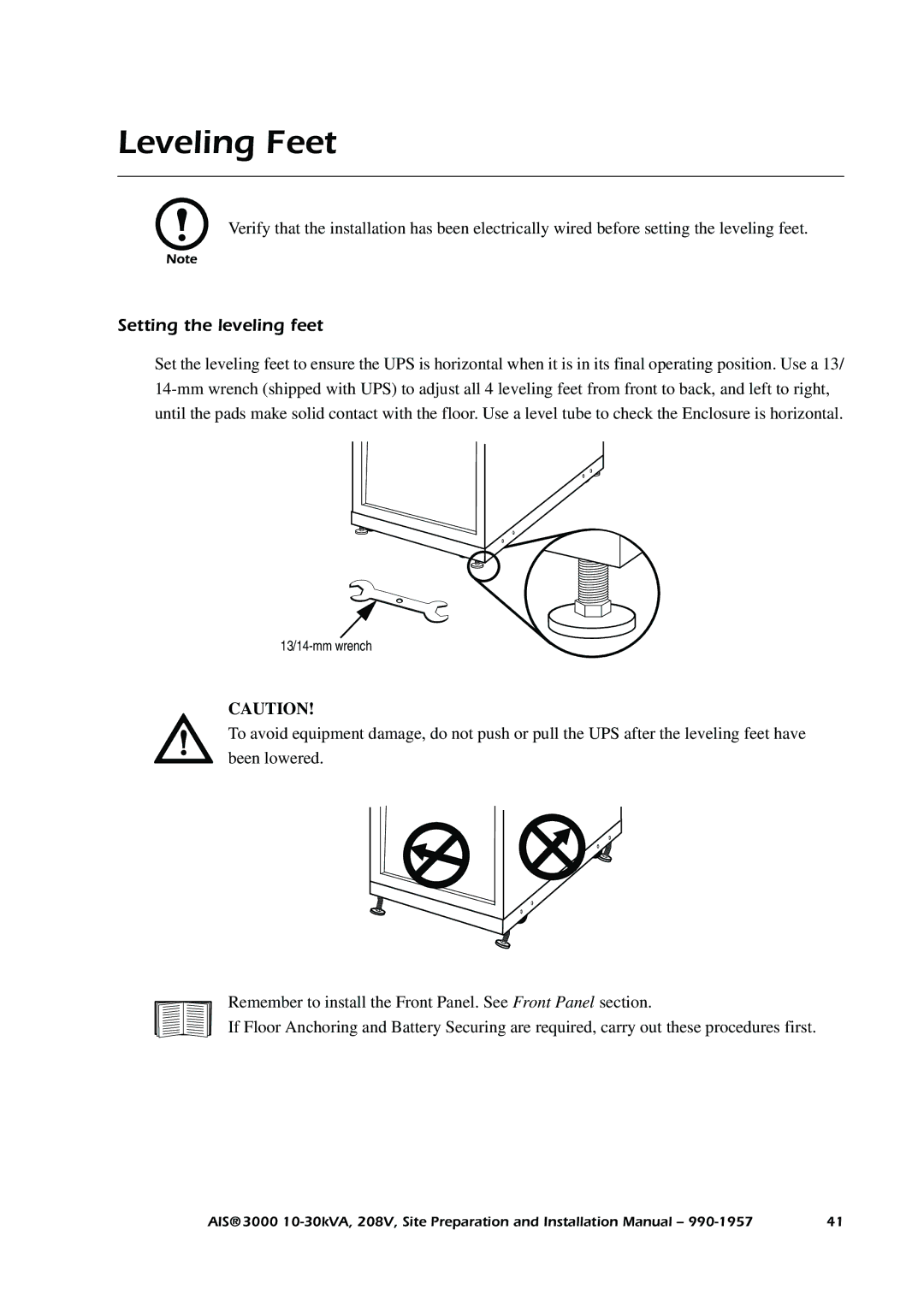 APC 3000 installation manual Leveling Feet, Setting the leveling feet 