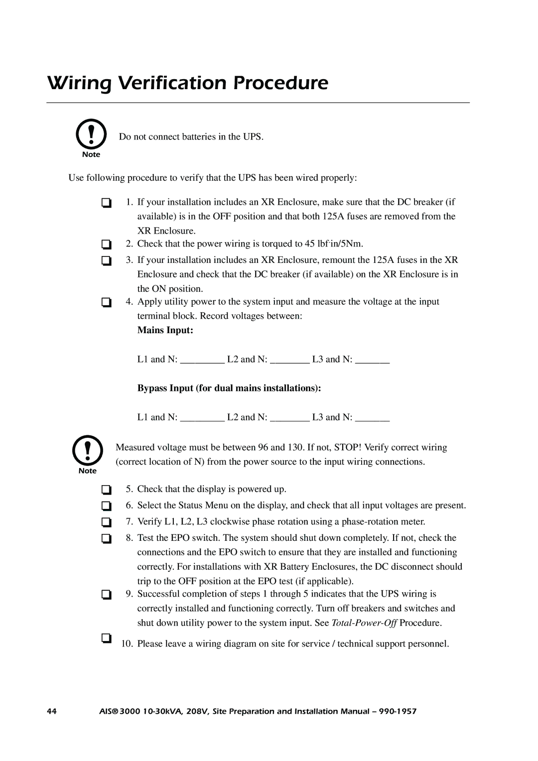 APC 3000 installation manual Wiring Verification Procedure, Bypass Input for dual mains installations 