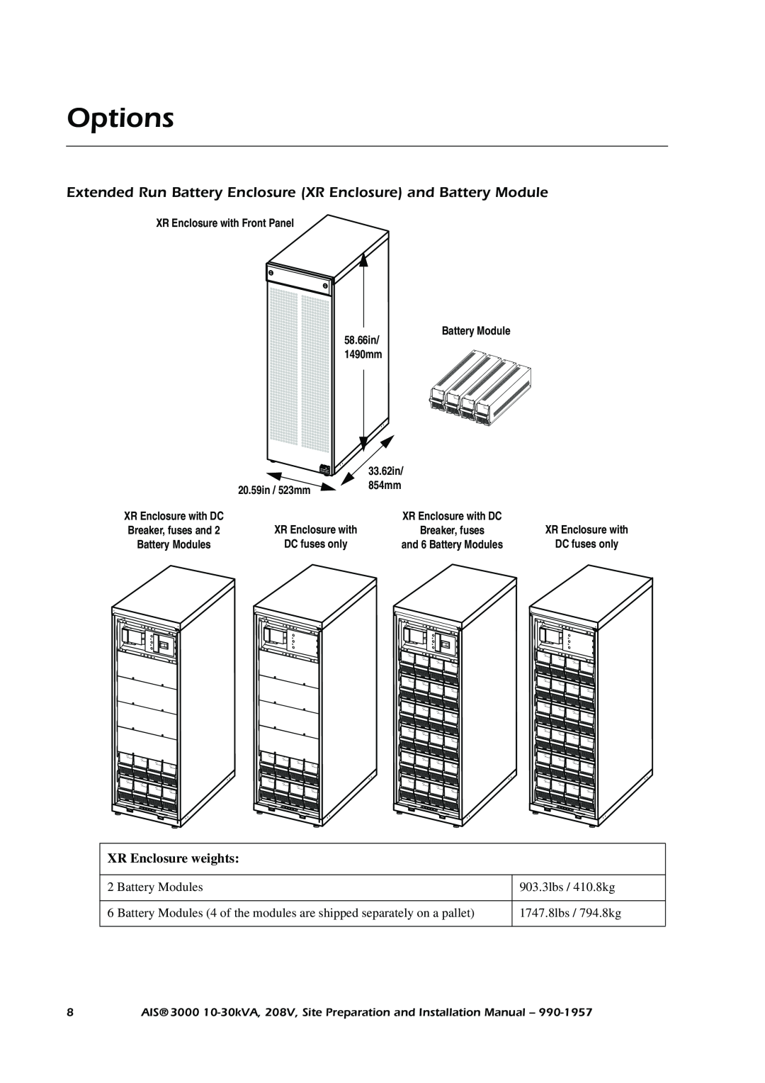 APC 3000 installation manual Options, Extended Run Battery Enclosure XR Enclosure and Battery Module, XR Enclosure weights 