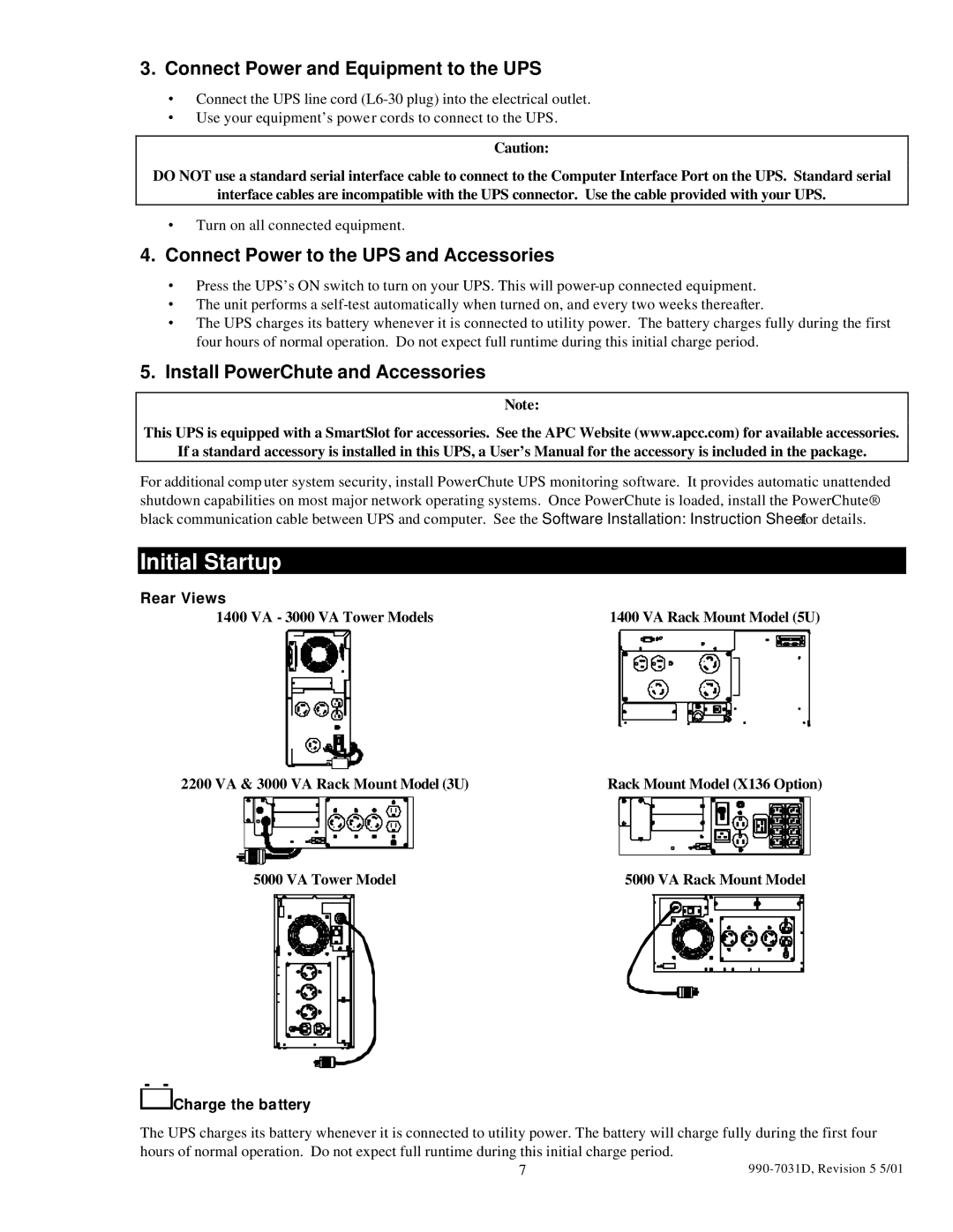 APC 5000T, 3000T, 2200XLT, 1400XLT user manual Initial Startup, Rear Views, Charge the battery 