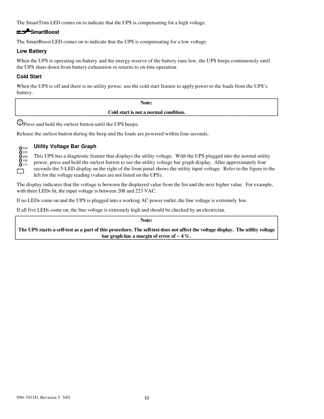APC 3000T, 5000T SmartBoost, Low Battery, Cold Start, Cold start is not a normal condition, Utility Voltage Bar Graph 