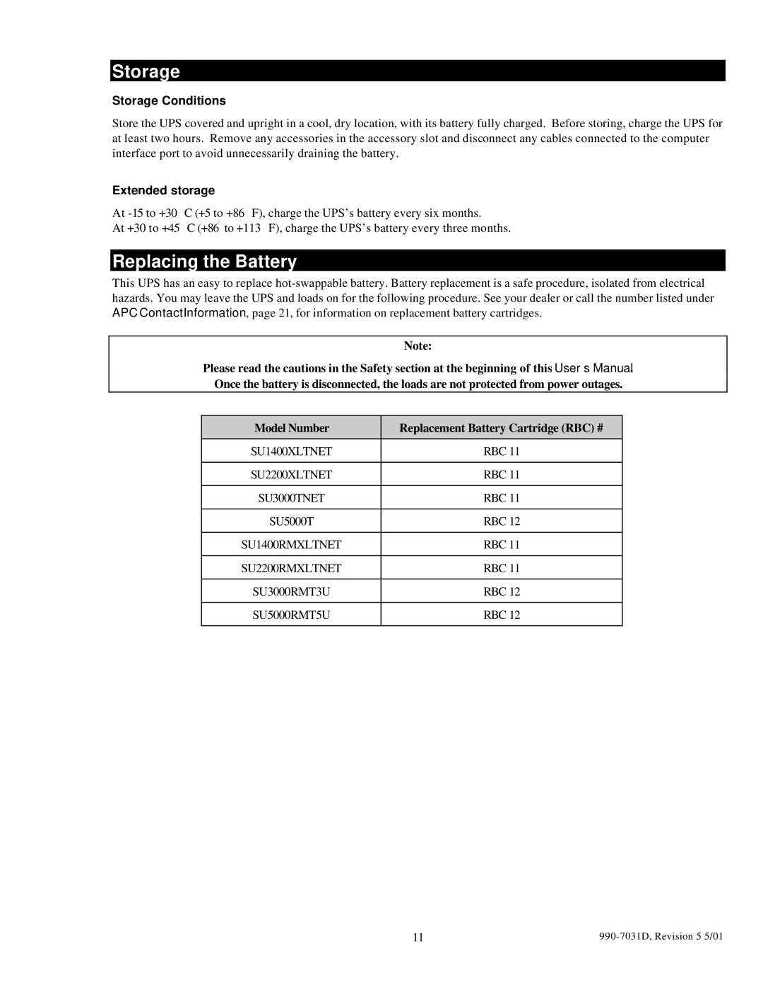 APC 5000T, 3000T, 2200XLT, 1400XLT user manual Replacing the Battery, Storage Conditions, Extended storage 