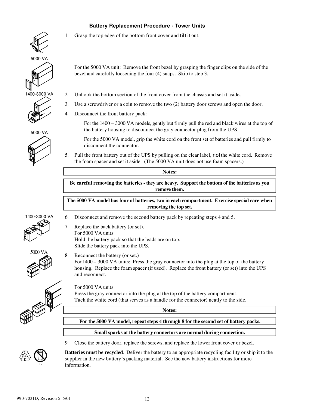 APC 2200XLT, 3000T, 5000T, 1400XLT user manual Battery Replacement Procedure Tower Units 