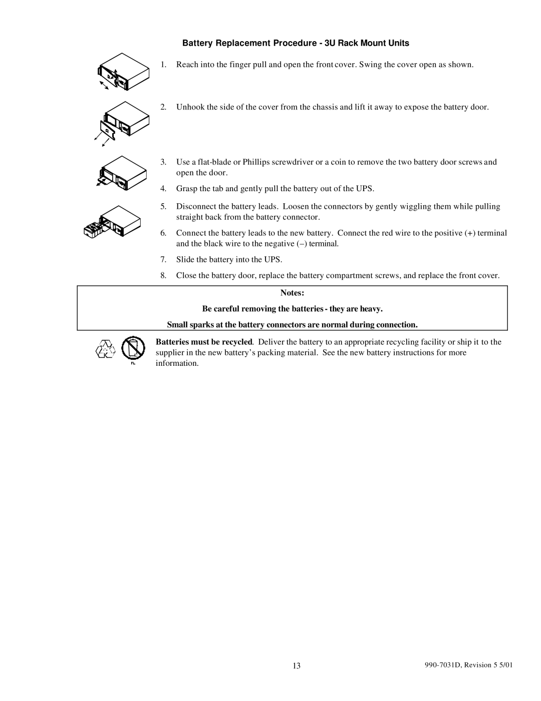 APC 1400XLT, 3000T, 5000T, 2200XLT user manual Battery Replacement Procedure 3U Rack Mount Units 