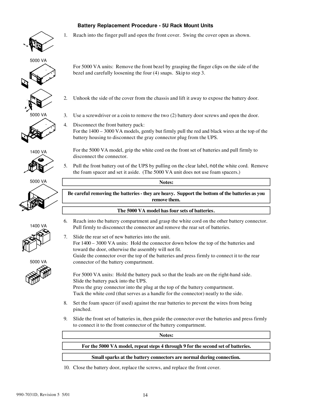 APC 3000T, 5000T, 2200XLT, 1400XLT user manual Battery Replacement Procedure 5U Rack Mount Units 