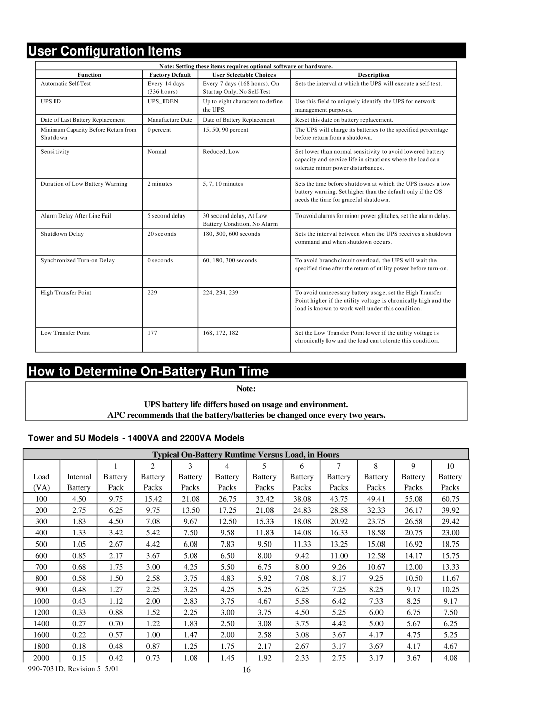 APC 2200XLT User Configuration Items, How to Determine On-Battery Run Time, Tower and 5U Models 1400VA and 2200VA Models 