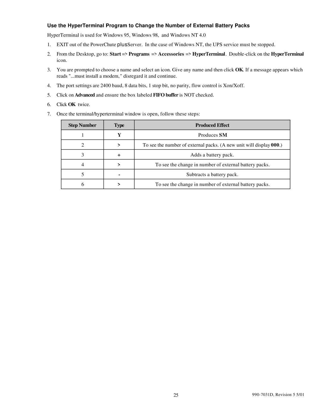 APC 1400XLT, 3000T, 5000T, 2200XLT user manual Step Number Type Produced Effect 