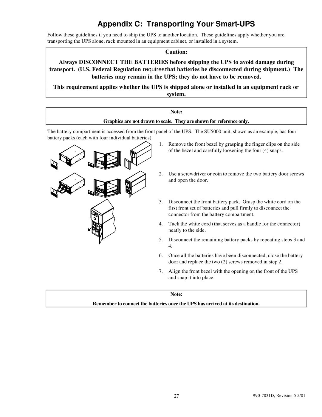 APC 5000T, 3000T, 2200XLT, 1400XLT user manual Appendix C Transporting Your Smart-UPS 