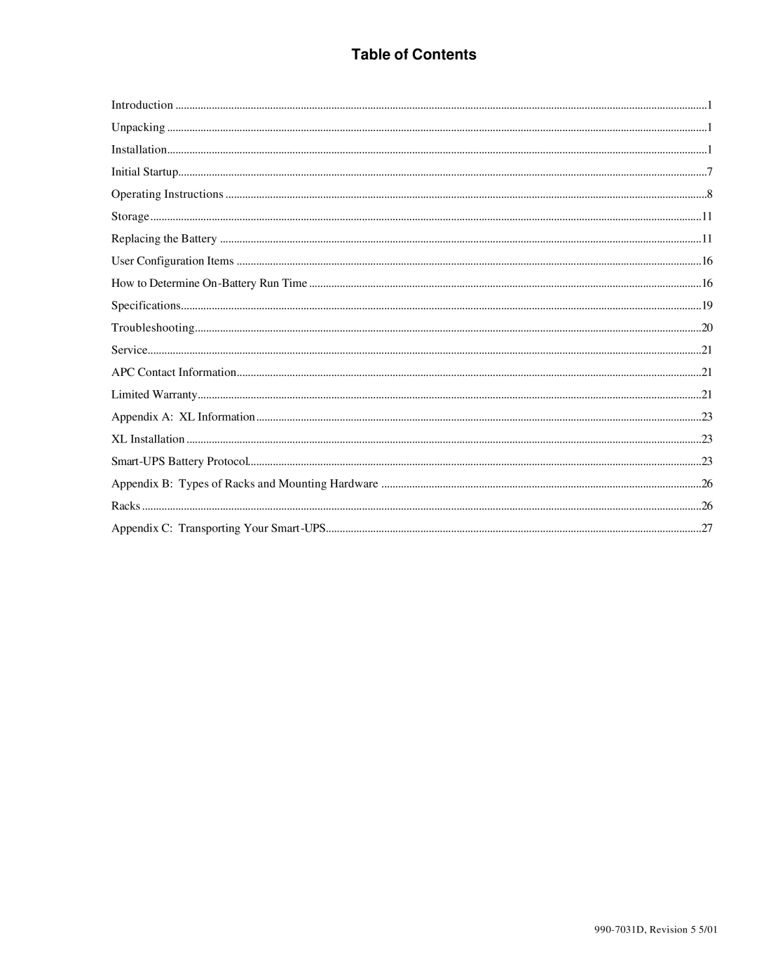 APC 5000T, 3000T, 2200XLT, 1400XLT user manual Table of Contents 