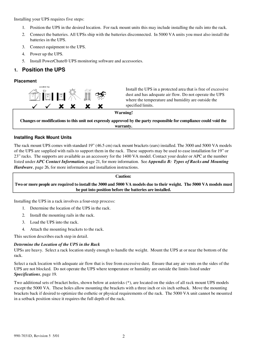 APC 3000T, 5000T, 2200XLT, 1400XLT user manual Placement, Installing Rack Mount Units 